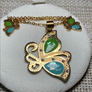 Gold Butterfly Pendant Necklace with Blue and Green Accents